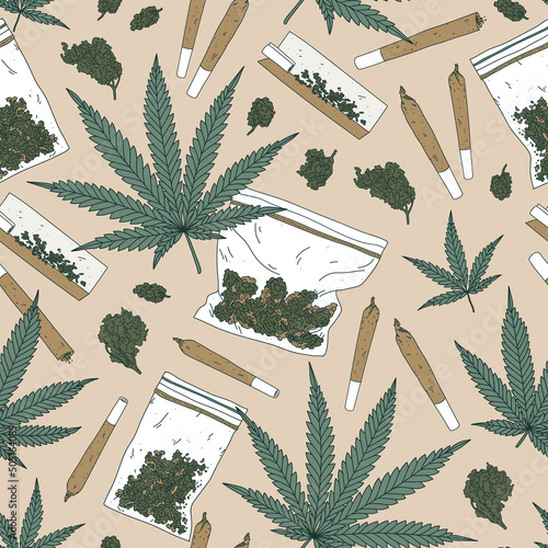 Seamless pattern with marijuana leaves, rolling paper, joints and buds. Cannabis background