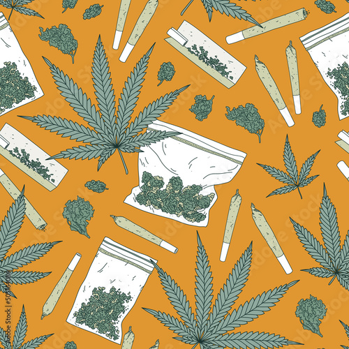 Seamless pattern with marijuana leaves, rolling paper, joints and buds. Cannabis background