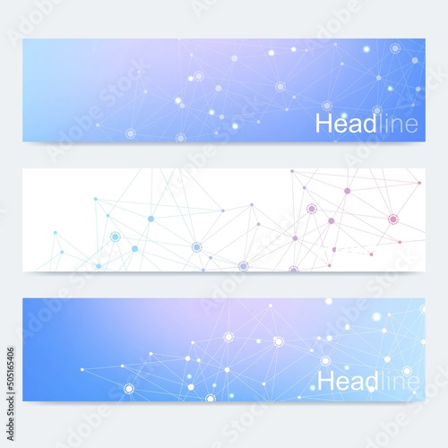 Scientific set of modern vector banners. DNA molecule structure with connected lines and dots. Science vector background. Medical, tecnology, chemistry design.