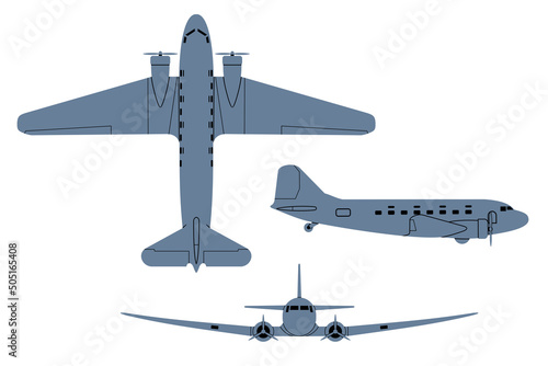 DC-3 Dakota Airliner 1936. Top, Side, Front View Silhouettes. Vintage airplane. Vector clipart isolated on white.