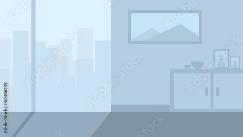 apartment interior illustration with a view of a busy urban building