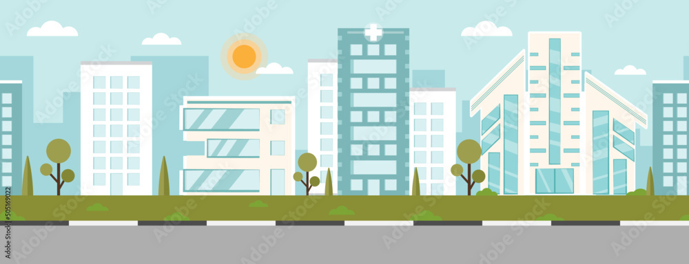 City scape or city landscape daytime view with traffic pattern, bush, trees and skyscraper building with blue sky background illustration in flat style design