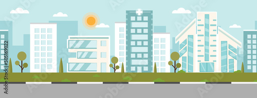 City scape or city landscape daytime view with traffic pattern, bush, trees and skyscraper building with blue sky background illustration in flat style design