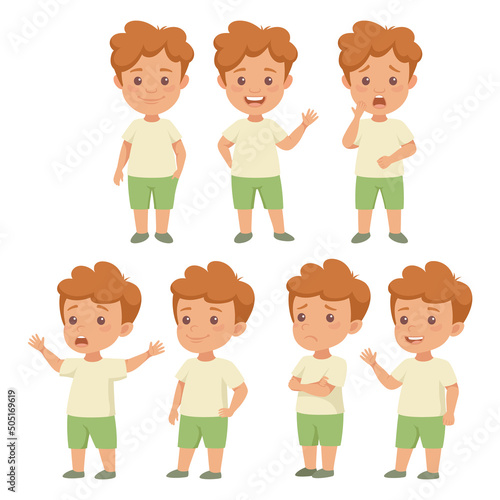 Little Redhead Boy in Green Shorts Having Different Face Emotion and Gesture Vector Set