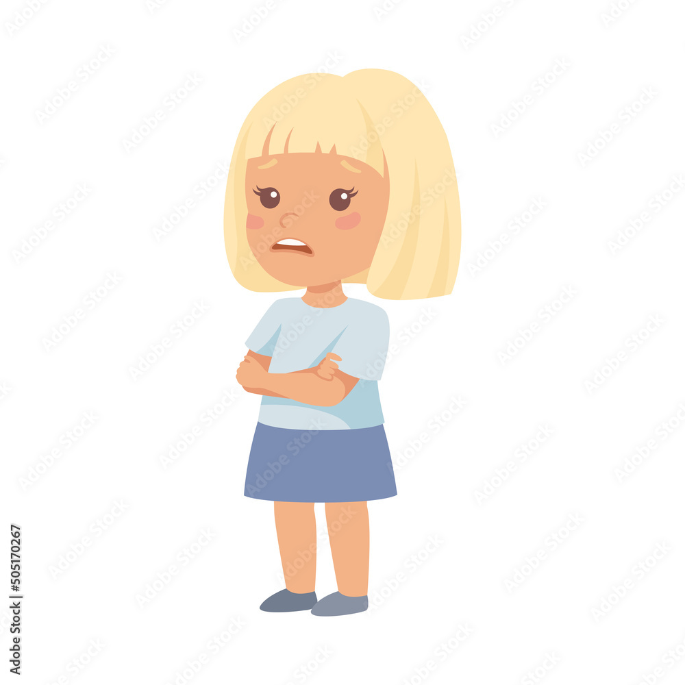 Sad Blond Little Girl Character in Blue Skirt in Standing Pose with Folded Arms Vector Illustration Sad Blond Little Girl Character in Blue Skirt in Standing Pose with Folded Arms Vector Illustration