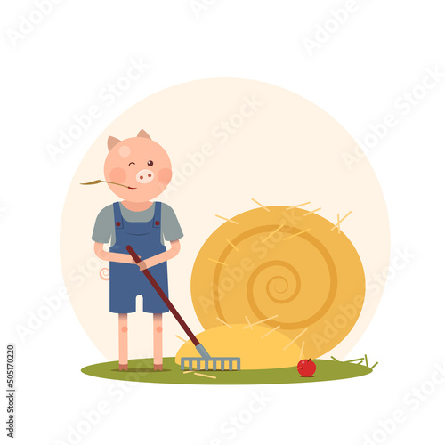 piggy farmer with hay and pitchfork - funny cartoon concept about farming