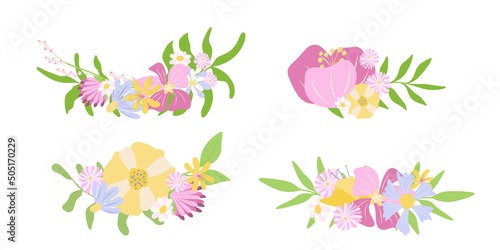 Four qute bouquets with detailed flowers. Vector illustration photo