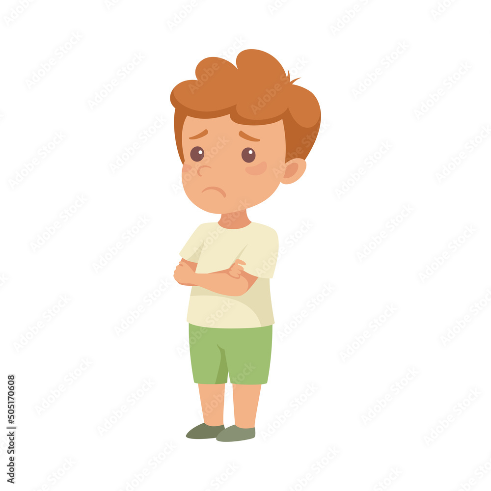 Sad Little Boy Character in Green Shorts in Standing Pose with Folded Arms Vector Illustration