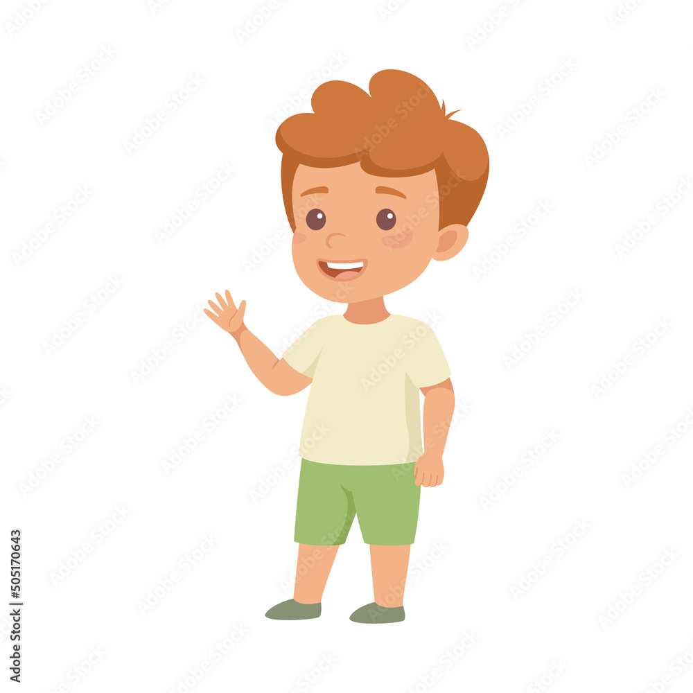 Smiling Little Boy Character in Green Shorts in Standing Pose Waving Hand Side View Vector Illustration