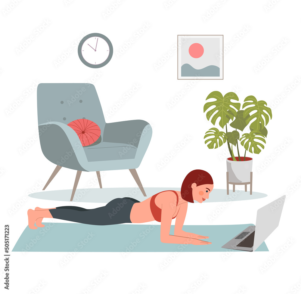 Obraz premium Young woman in sportwear doing planking exercise in the living room. Vector flat style illustration