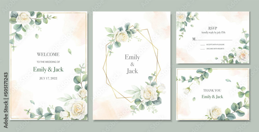 A vector set of wedding invitations with soft watercolor roses and foliage.