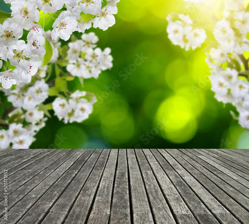 wooden table spring blossom