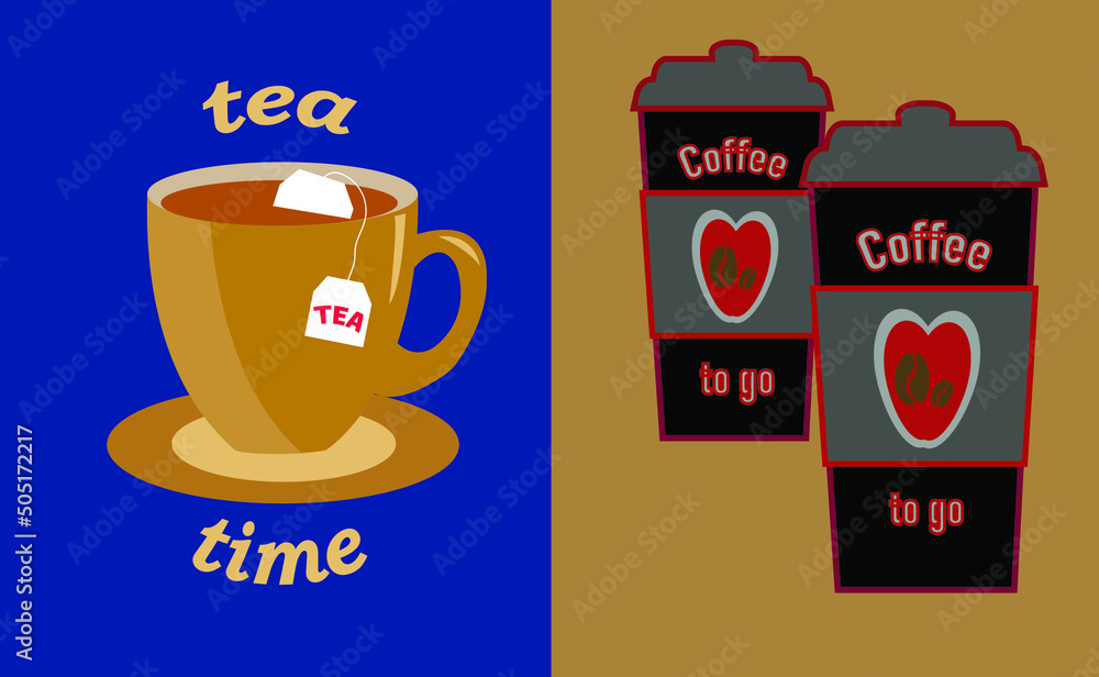 Cup of tea with a bag. Picture on paper and plastic cup. Sticker cup of coffee and tea. Disposable cup of coffee. Cup of tea with a bag. Picture on paper and plastic cup. Sticker cup of coffee and tea. Disposable cup of coffee.