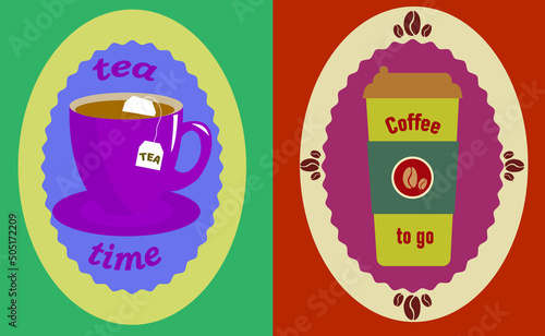 Cup of tea with a bag. Pastel flip flops background. Disposable cup of coffee. Black and white background. Sticker cup of coffee and tea. Picture on paper and plastic cup.