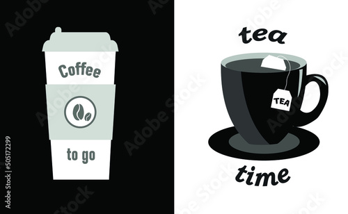 Picture on paper and plastic cup. Light and dark f. Cup of tea with a bag. Sticker cup of coffee and tea. Disposable cup of coffee. Black and white background.