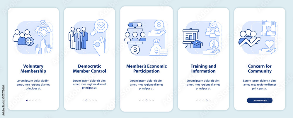 Cooperative principles light blue onboarding mobile app screen. Business walkthrough 5 steps graphic instructions pages with linear concepts. UI, UX, GUI template. Myriad Pro-Bold, Regular fonts used