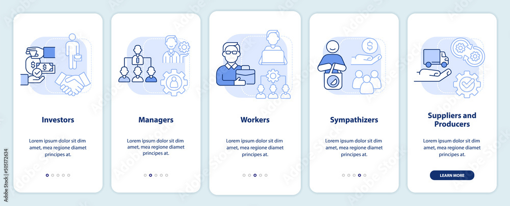 Categories of members light blue onboarding mobile app screen. Business ...