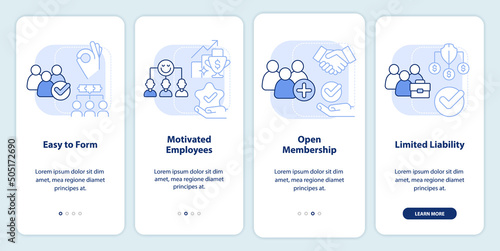 Benefits of co-ops light blue onboarding mobile app screen. Partnership walkthrough 4 steps graphic instructions pages with linear concepts. UI, UX, GUI template. Myriad Pro-Bold, Regular fonts used