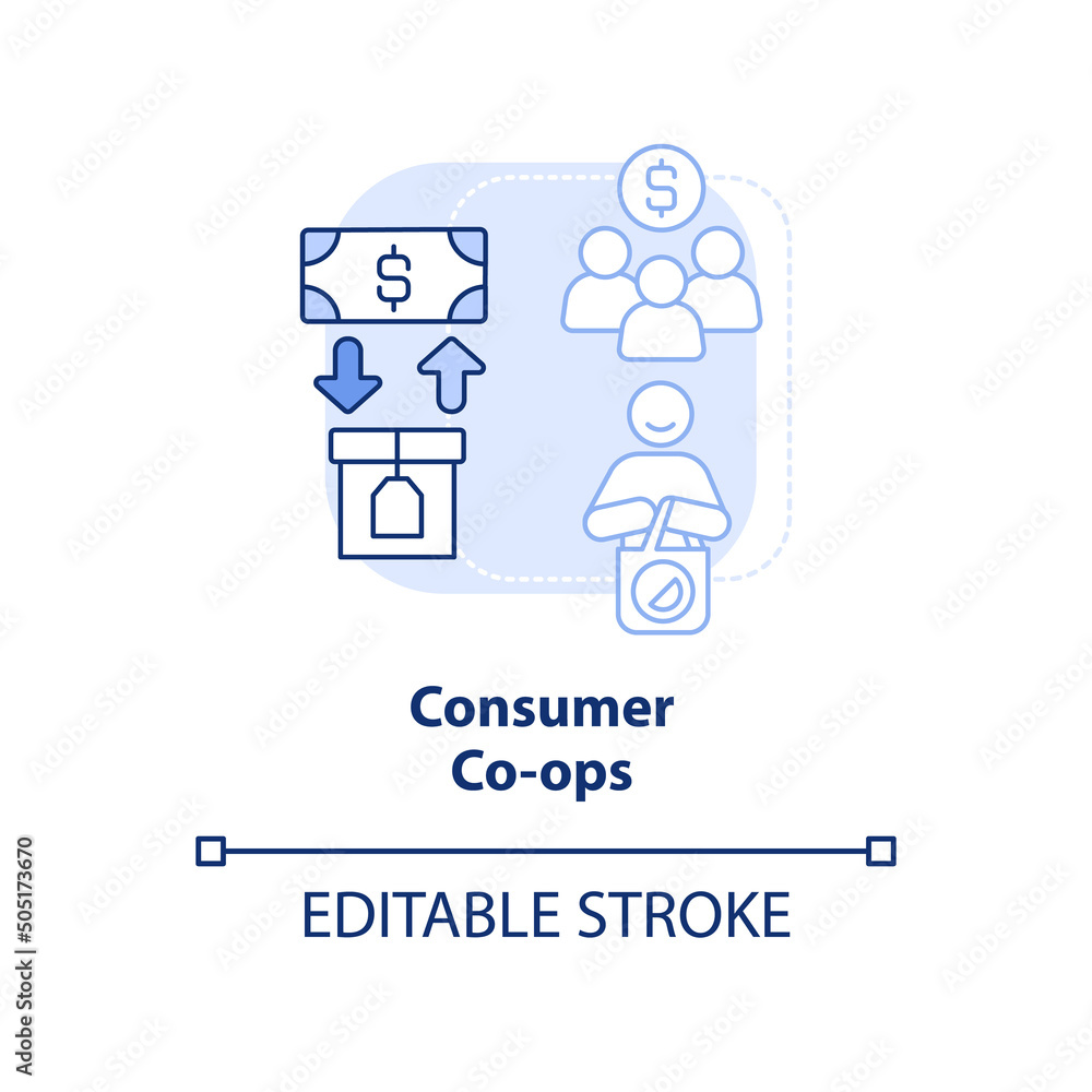 Consumer co-ops light blue concept icon. Combining customers demand abstract idea thin line illustration. Members needs. Isolated outline drawing. Editable stroke. Arial, Myriad Pro-Bold fonts used Consumer co-ops light blue concept icon. Combining customers demand abstract idea thin line illustration. Members needs. Isolated outline drawing. Editable stroke. Arial, Myriad Pro-Bold fonts used