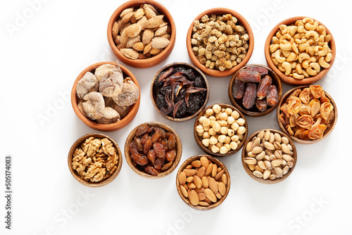 Dried fruits and mixed nuts. Healthy foods.