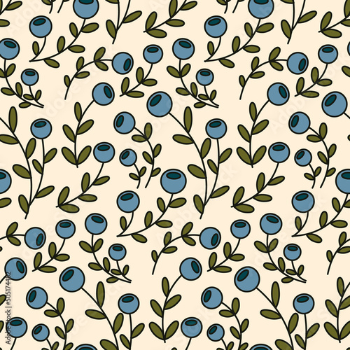 Seamless floral pattern with small sprigs of blueberries in a cute retro style. Botanical background design, print with tiny painting plants. Vector illustration.