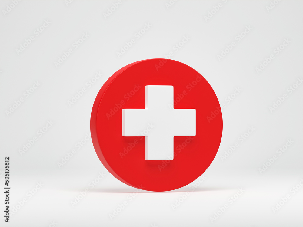 3D rendering, 3D illustration. Red cross icon isolated on white background. medical cross round button. 3D rendering, 3D illustration. Red cross icon isolated on white background. medical cross round button.