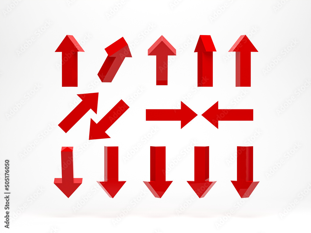 3d rendering, 3d illustration. Collection of different red arrows isolated on white background. for app, web, design, advert 3d rendering, 3d illustration. Collection of different red arrows isolated on white background. for app, web, design, advert