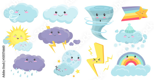 Cute weather characters set vector illustration. Cartoon colorful rainbow, rain and snow clouds with lightning, sun and moon with kawaii faces isolated white. Baby meteorology, nature concept