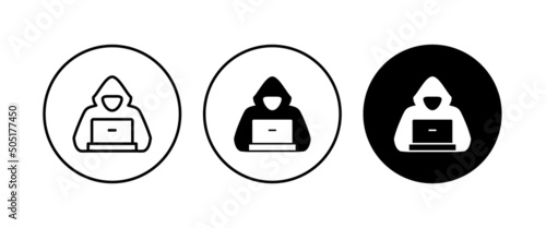 Computer hacker with laptop icon, Spy agent searching sign, symbol, logo, illustration, editable stroke, flat design style isolated on white