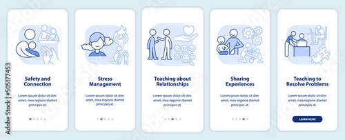 Family relationships importance light blue onboarding mobile app screen. Walkthrough 5 steps graphic instructions pages with linear concepts. UI, UX, GUI template. Myriad Pro-Bold, Regular fonts used