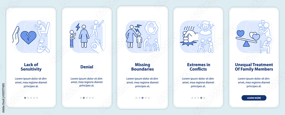 Features of dysfunctional family light blue onboarding mobile app screen. Walkthrough 5 steps graphic instructions pages with linear concepts. UI, UX, GUI template. Myriad Pro-Bold, Regular fonts used