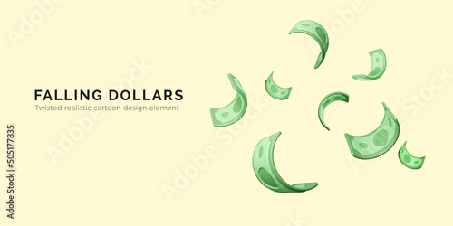 Set of twisted green paper currency. Paper money in realistic 3D style for banner. Twisted Dollar Bill