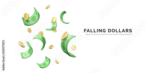 Falling green paper bills and gold coins. 3D cartoon realistic money. Business and finance success