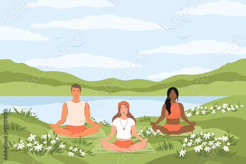 People practicing yoga together and meditating on nature with flowering plants. Healthy lifestyle, open air workout, physical exercising, yoga class. Vector illustration © Tatiana Bass