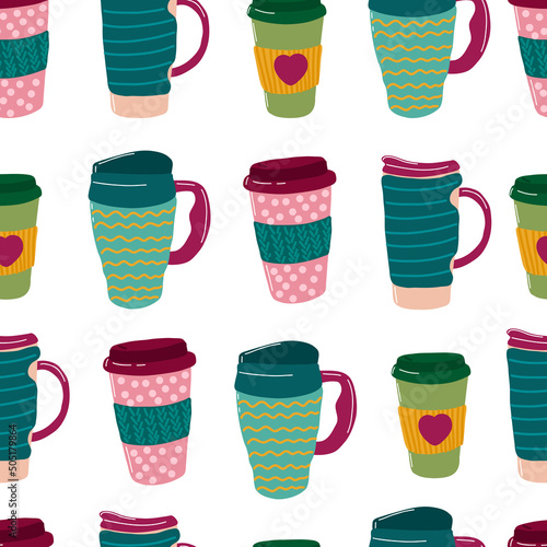 Coffee go seamless pattern. Thermo cup take away coffee. Coffee to go. Tumblers with cap, handle straw. Reusable cups mug. Vector thermos illustrations isolated on white background. Cartoon style. 