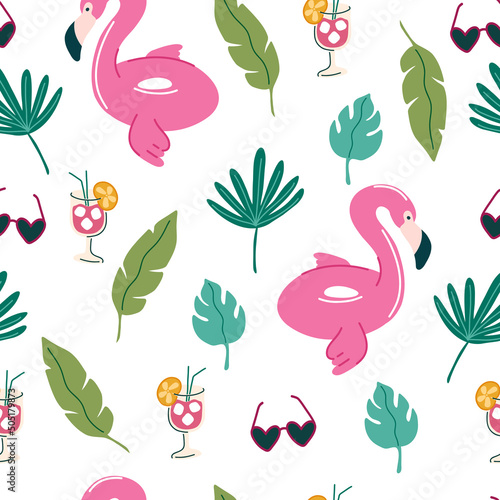 Summer vibe flamingo seamless pattern. Inflatable rubber swimming ring flamingo. Sunglasses, palm leaves, cocktail. summer water beach toy. stock vector illustration in cartoon flat style on white