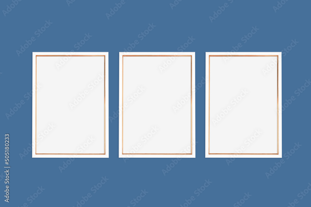 Three vertical white and gold frames on a blue background Three vertical white and gold frames on a blue background