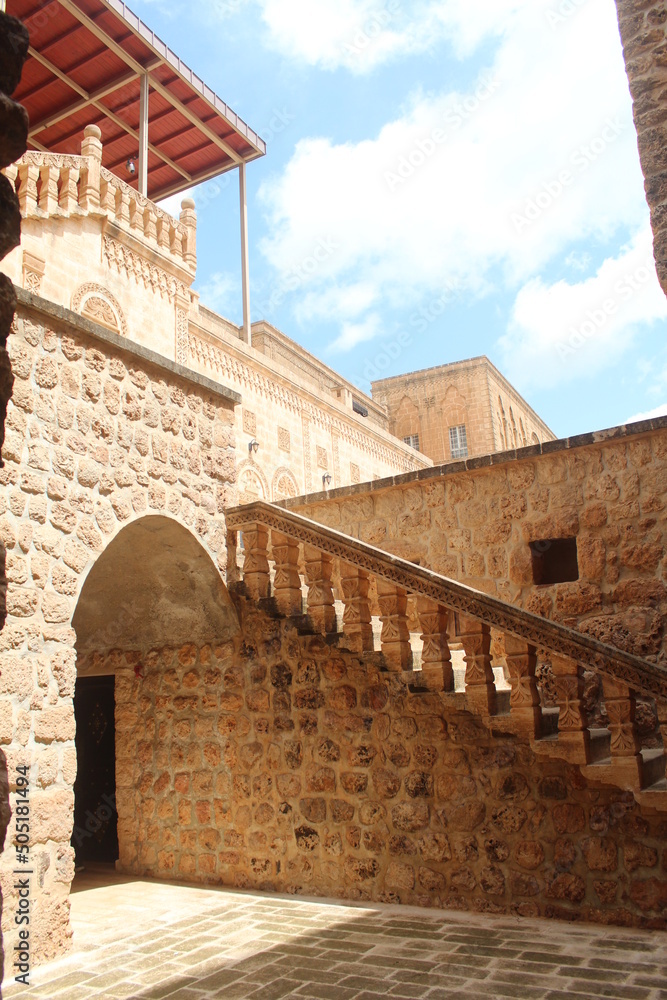 Mor Gabriel Monastery ,Indoor and outdoor scenes, bell tower and sky. Mardin Turkey