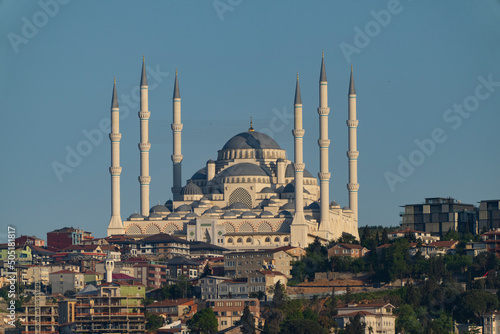 Camlica Mosque in the Sunset Time Drone Photo, Camlica Hill Uskudar, Istanbul Turkey 