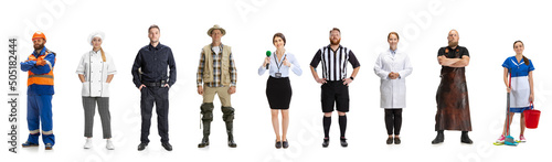 Group of gender mixed people with different professions, jobs standing isolated on white background. Models in image of builder, cook, fisherman, doctor, policeman photo