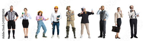 Group of gender mixed people with different professions, jobs standing isolated on white background. photo