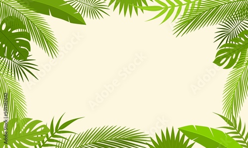 Tropical leaves background vector design. Summer leaves flat illustration. Simple banner with copy space