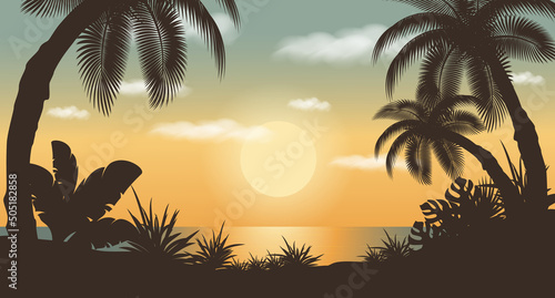Fototapeta Naklejka Na Ścianę i Meble -  Premium vector illustration. Bright landscape, sun, clouds. Palm tree Tropical forest silhouette.