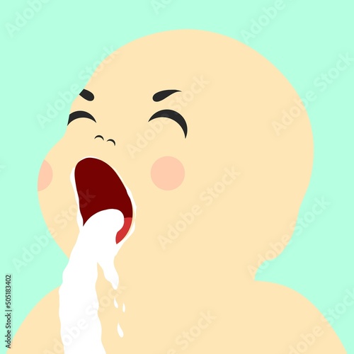 Baby vomits milk. His expression is very cute and adorable. Vector illustration.
