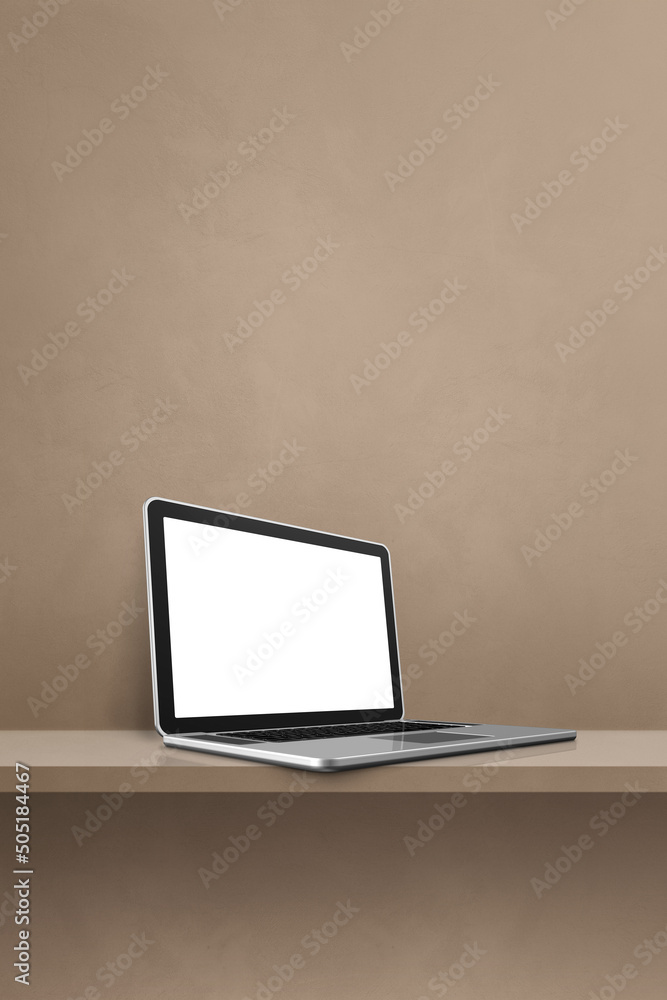 Laptop computer on brown shelf. Vertical background Laptop computer on brown shelf. Vertical background