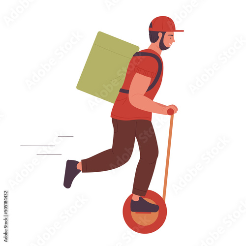 Food delivery courier on self balancing scooter. Express meal shipping vector illustration