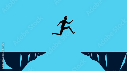 Silhouette of a man jumping over a cliff gap. business concept vector illustration