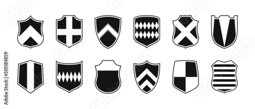 Shields set in different shapes and design. Coat of arms and blazons collections. Security shield icons. Vector illustration. photo