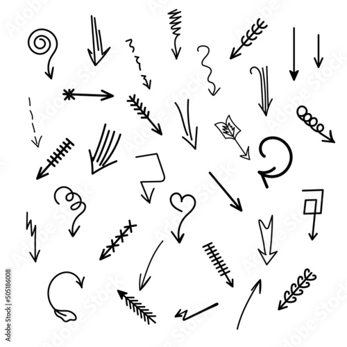 Arrows set. Hand drawn doodle elements. Direction indicators, pointers, simple icons elements. Freehand sketch style. Isolated.Vector illustration
