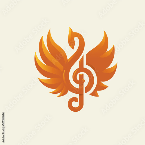phoenix bird with musical notes vector illustration, music studio logo design
